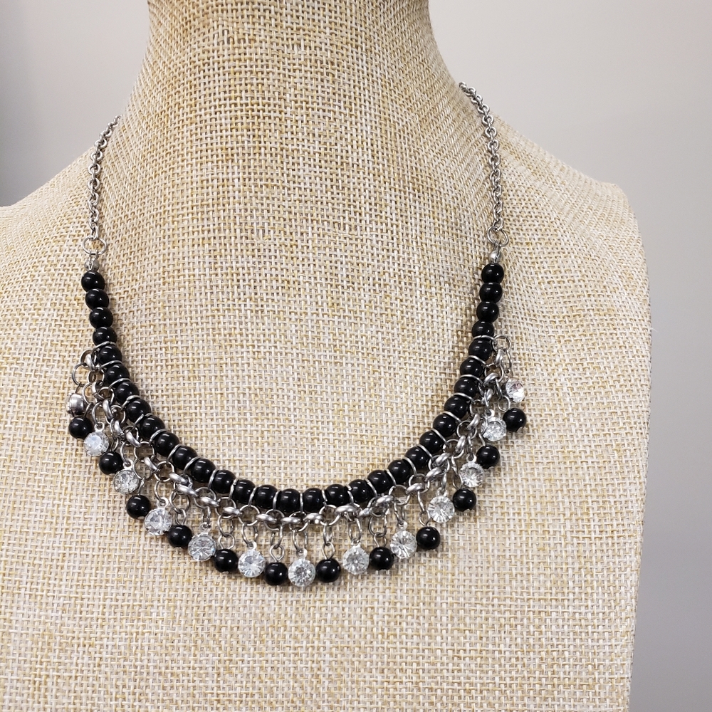 Vintage silver, multi bead, rhinestone jeweled dangle charms statement necklace - Picture 2 of 9